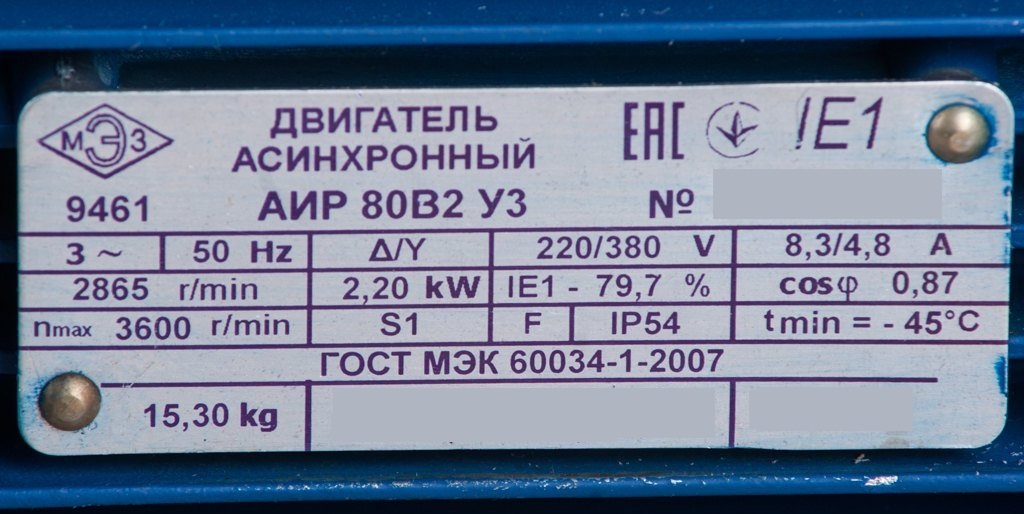 Данные двигателя для выбора теплового реле