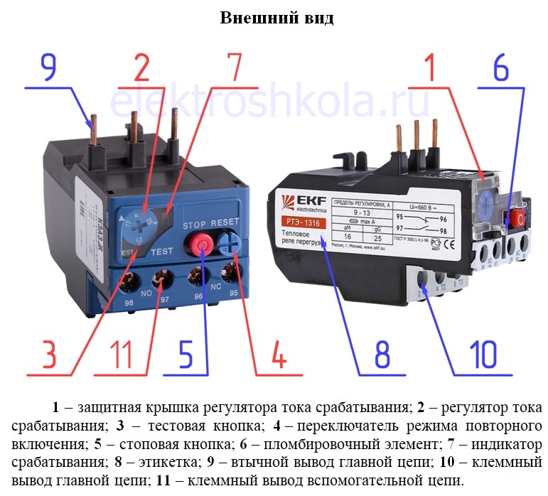 Внешний вид и элементы теплового реле
